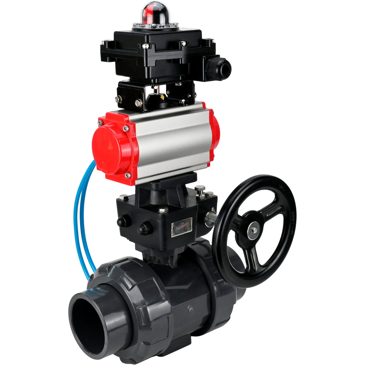 Ball valves Elephant BV4242E-FP-GRM-ISO, body material - UPVC, ball material - UPVC, seal - EPDM, with pneumatic actuator double action PA-DA, pneumatic distributor 4V320-08 220V, LSU APL-410N EX and handwheel MON