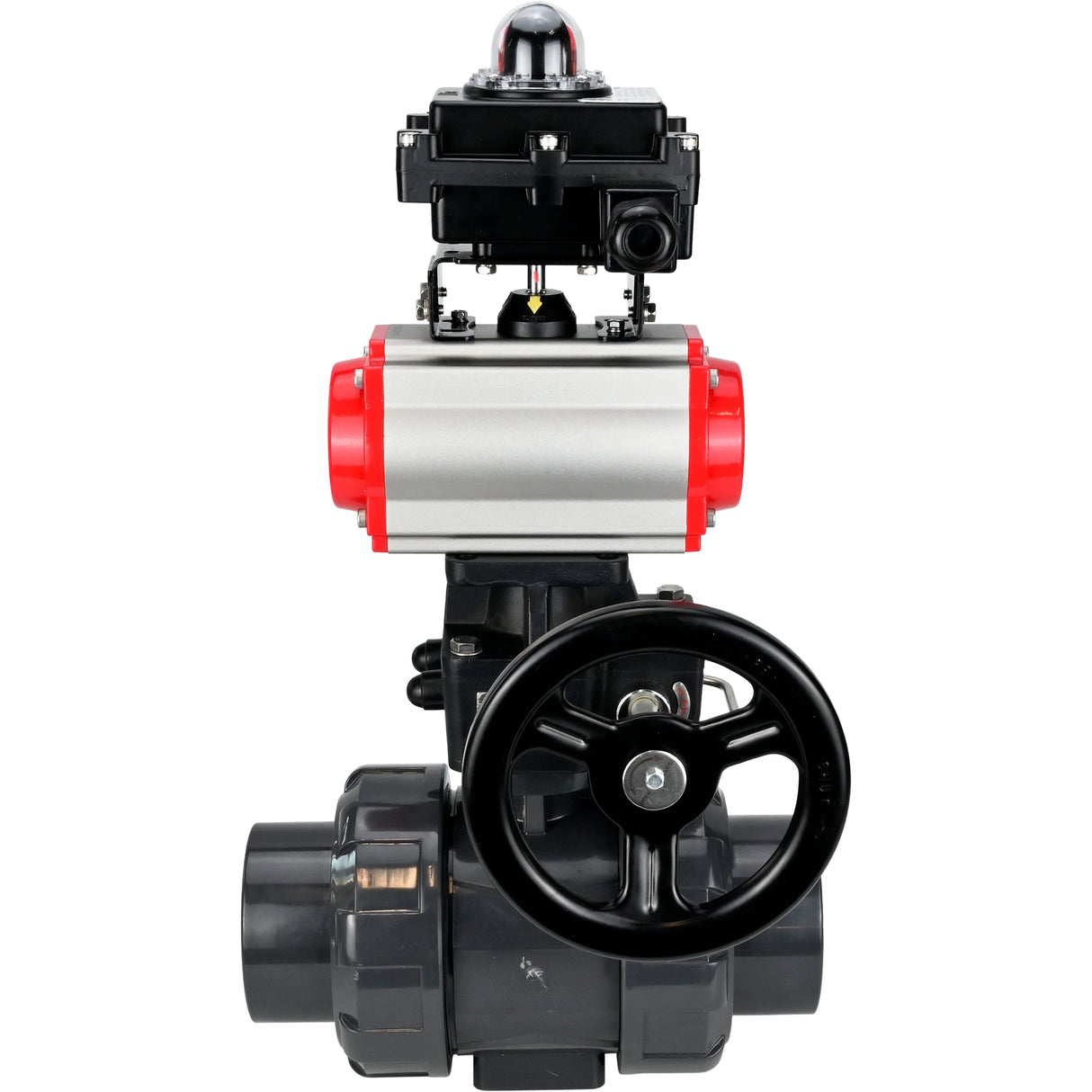 Ball valves Elephant BV4242E-FP-GRM-ISO, body material - UPVC, ball material - UPVC, seal - EPDM, with pneumatic actuator double action PA-DA, pneumatic distributor 4V320-08 220V, LSU APL-410N EX and handwheel MON