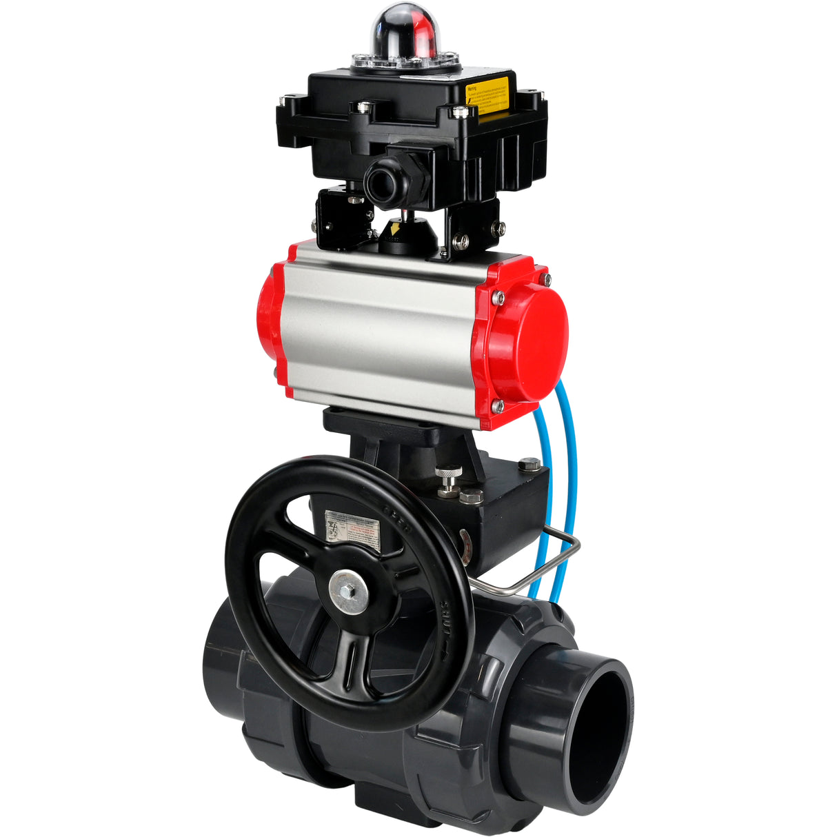 Ball valves Elephant BV4242E-FP-GRM-ISO, body material - UPVC, ball material - UPVC, seal - EPDM, with pneumatic actuator double action PA-DA, pneumatic distributor 4V320-08 220V, LSU APL-410N EX and handwheel MON