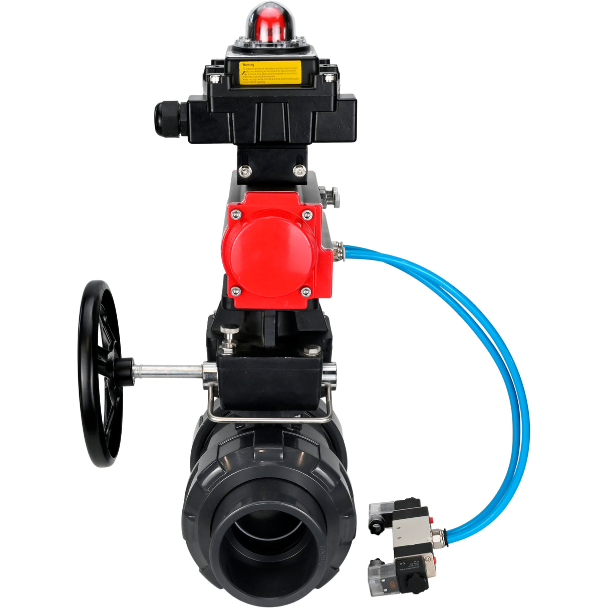 Ball valves Elephant BV4242E-FP-GRM-ISO, body material - UPVC, ball material - UPVC, seal - EPDM, with pneumatic actuator double action PA-DA, pneumatic distributor 4V320-08 220V, LSU APL-410N EX and handwheel MON