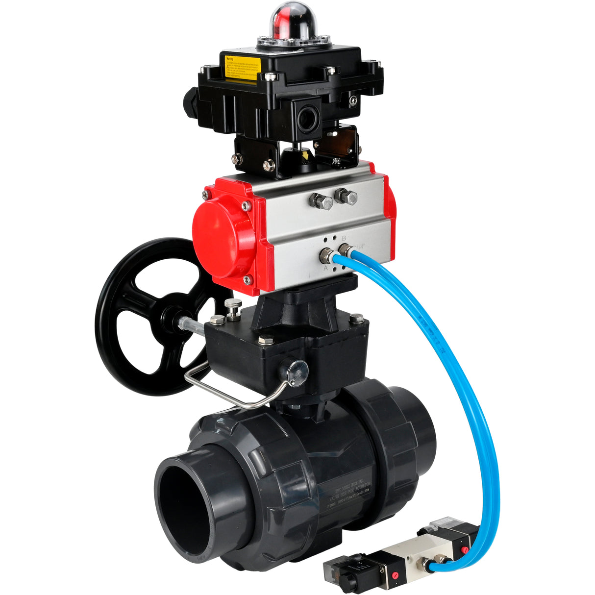 Ball valves Elephant BV4242E-FP-GRM-ISO, body material - UPVC, ball material - UPVC, seal - EPDM, with pneumatic actuator double action PA-DA, pneumatic distributor 4V320-08 220V, LSU APL-410N EX and handwheel MON