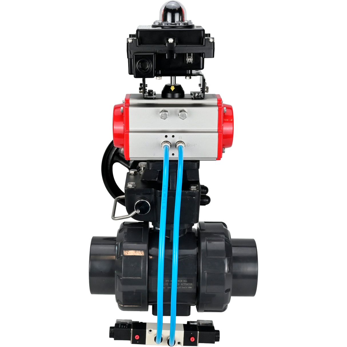 Ball valves Elephant BV4242E-FP-GRM-ISO, body material - UPVC, ball material - UPVC, seal - EPDM, with pneumatic actuator double action PA-DA, pneumatic distributor 4V320-08 220V, LSU APL-410N EX and handwheel MON