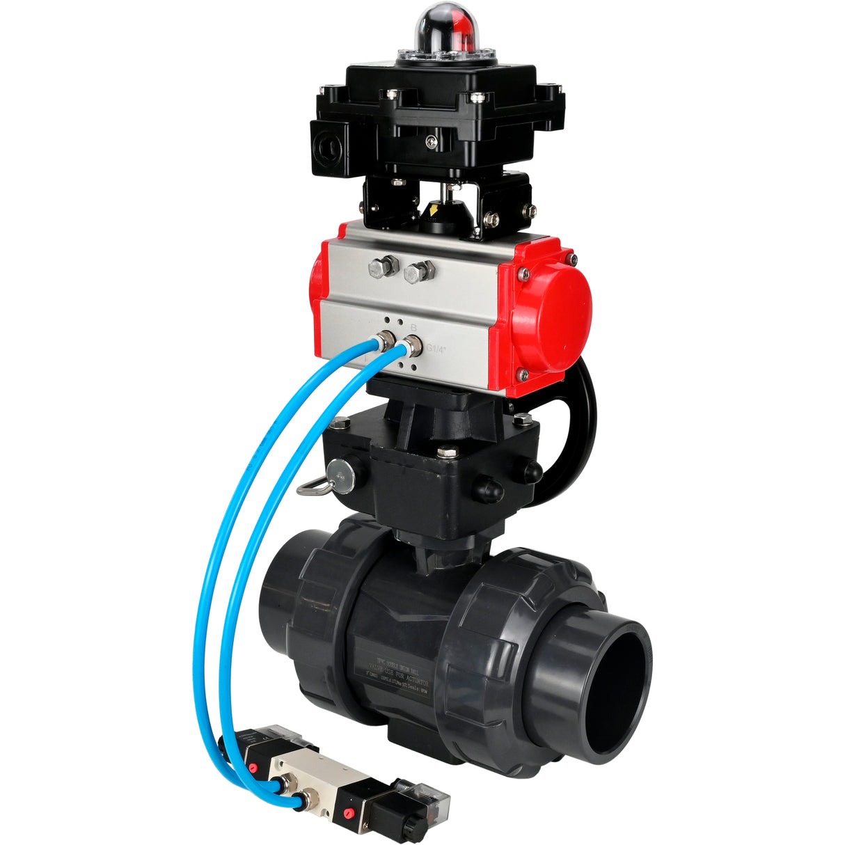 Ball valves Elephant BV4242E-FP-GRM-ISO, body material - UPVC, ball material - UPVC, seal - EPDM, with pneumatic actuator double action PA-DA, pneumatic distributor 4V320-10 220V, LSU APL-410N EX and handwheel MON