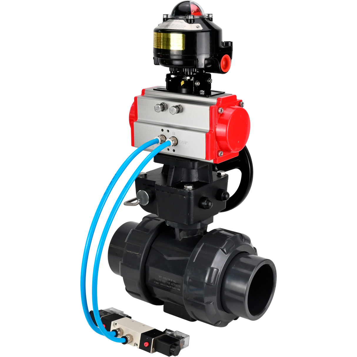 Ball valves Elephant BV4242E-FP-GRM-ISO, body material - UPVC, ball material - UPVC, seal - EPDM, with pneumatic actuator double action PA-DA, pneumatic distributor 4V320-10 220V, LSU APL-510N EX and handwheel MON