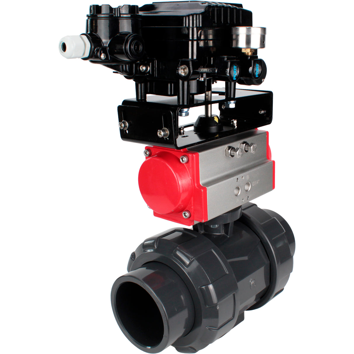 Ball valves Elephant BV4242E-FP-GRM-ISO, body material - UPVC, ball material - UPVC, seal - EPDM, with pneumatic actuator double action PA-DA and electro-pneumatic rotary positioner YT-1000RSN without feedback