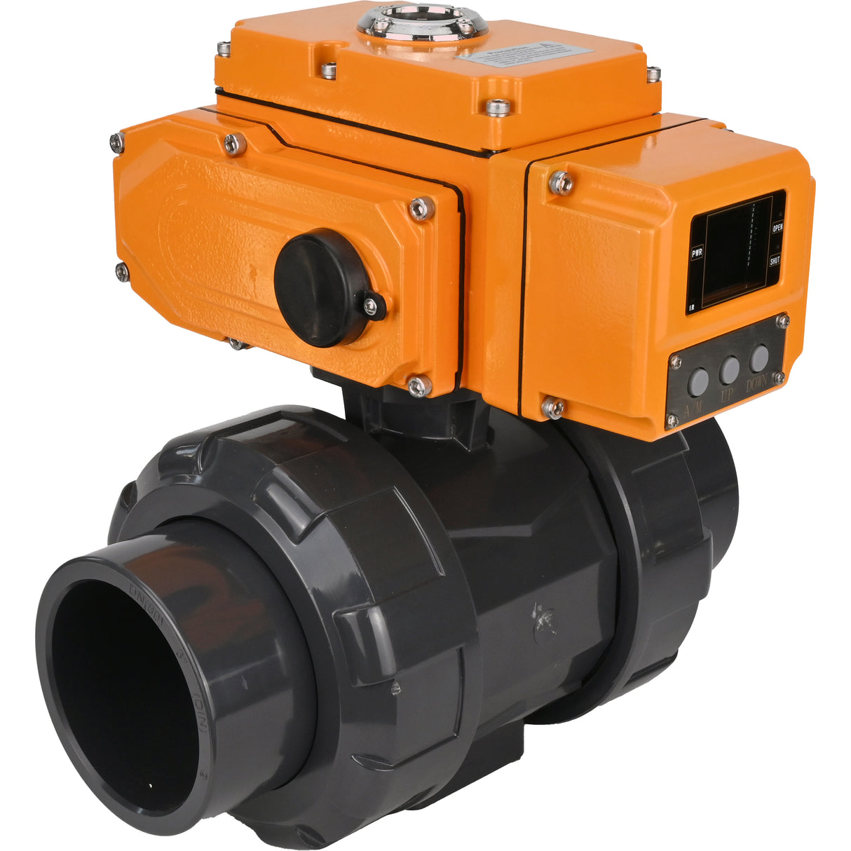 Ball valves Elephant BV4242E-FP-GRM-ISO, body material - UPVC, ball material - UPVC, seal - EPDM, with quarter-turn actuator QT-N-EM-A1-24VDC-U1 HARK, feedback sensor and 4-20mA input control signal