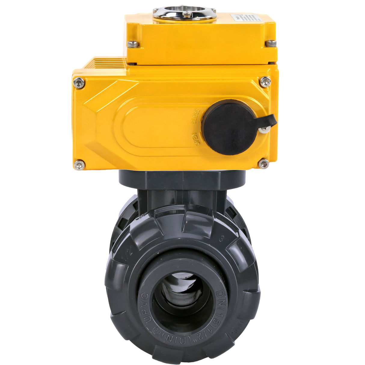 Ball valves Elephant BV4242E-FP-GRM-ISO, body material - UPVC, ball material - UPVC, seal - EPDM, with quarter-turn actuator QT-N-EM-O1-380VAC-U1 380V