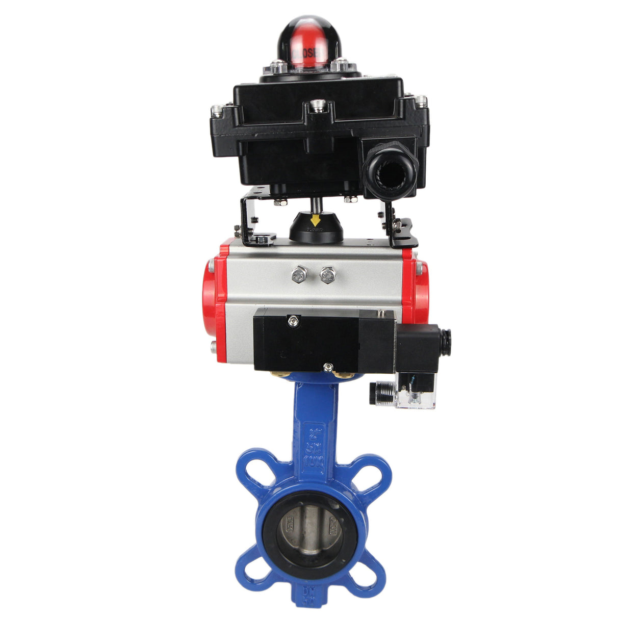 Vanne papillon d'eau Elephant GGG50-GGG40-EPDM matériau du corps - fonte GGG50, matériau du disque - fonte GGG40, joint - EPDM avec actionneur pneumatique Elephant SA, distributeur pneumatique 4M310-08 24V et bloc de fin de course APL-410N EX