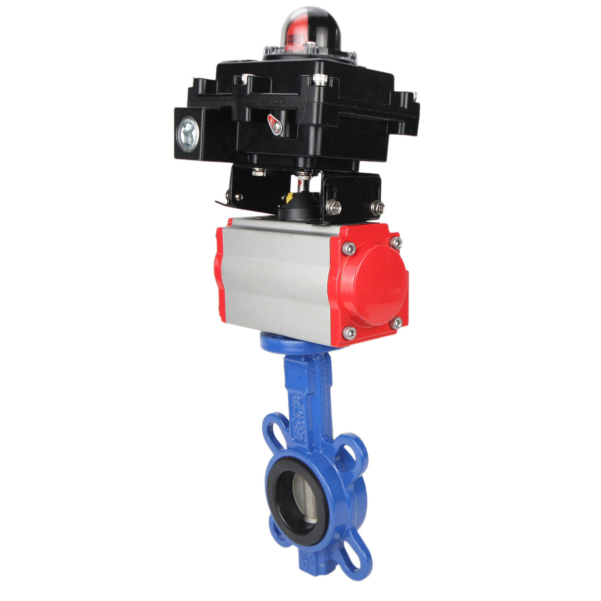 Vanne papillon d'eau Elephant GGG50-GGG40-EPDM matériau du corps - fonte GGG50, matériau du disque - fonte GGG40, joint - EPDM avec actionneur pneumatique Elephant SA, distributeur pneumatique 4M310-08 220V et bloc de fin de course APL-410N EX