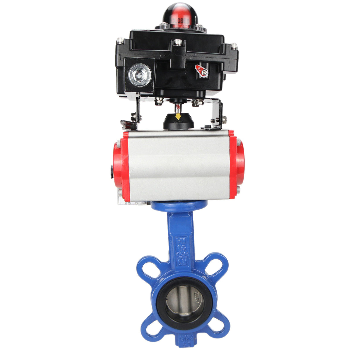 Vanne papillon d'eau Elephant GGG50-GGG40-EPDM matériau du corps - fonte GGG50, matériau du disque - fonte GGG40, joint - EPDM avec actionneur pneumatique Elephant SA, distributeur pneumatique 4M310-08 220V et bloc de fin de course APL-410N EX