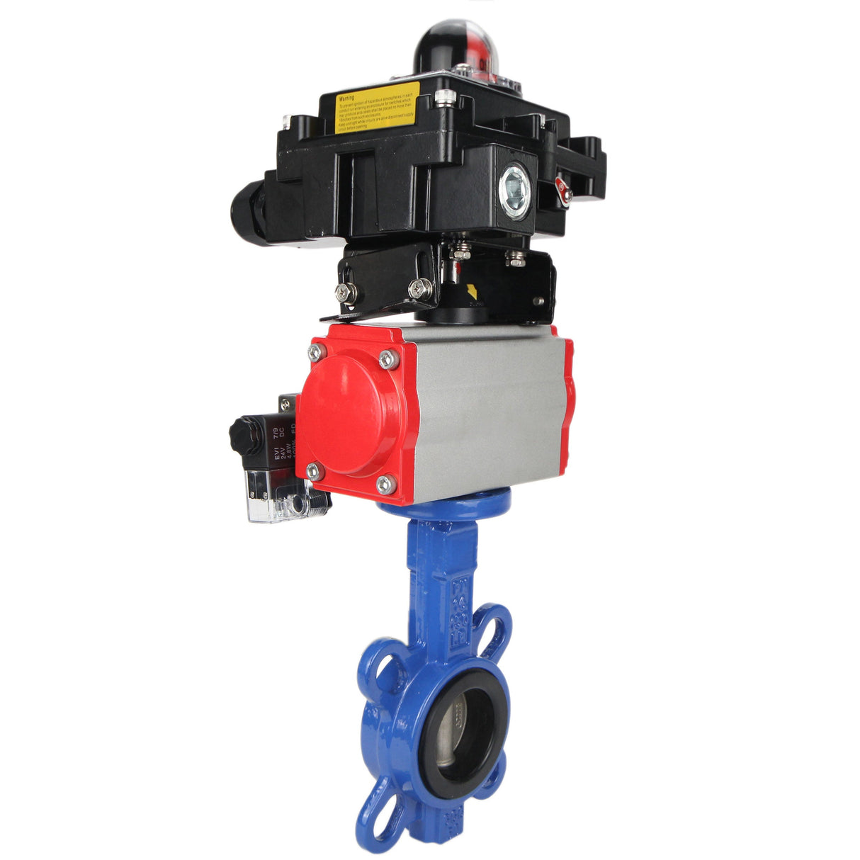 Vanne papillon d'eau Elephant GGG50-GGG40-EPDM matériau du corps - fonte GGG50, matériau du disque - fonte GGG40, joint - EPDM avec actionneur pneumatique Elephant SA, distributeur pneumatique 4M310-08 24V et bloc de fin de course APL-410N EX