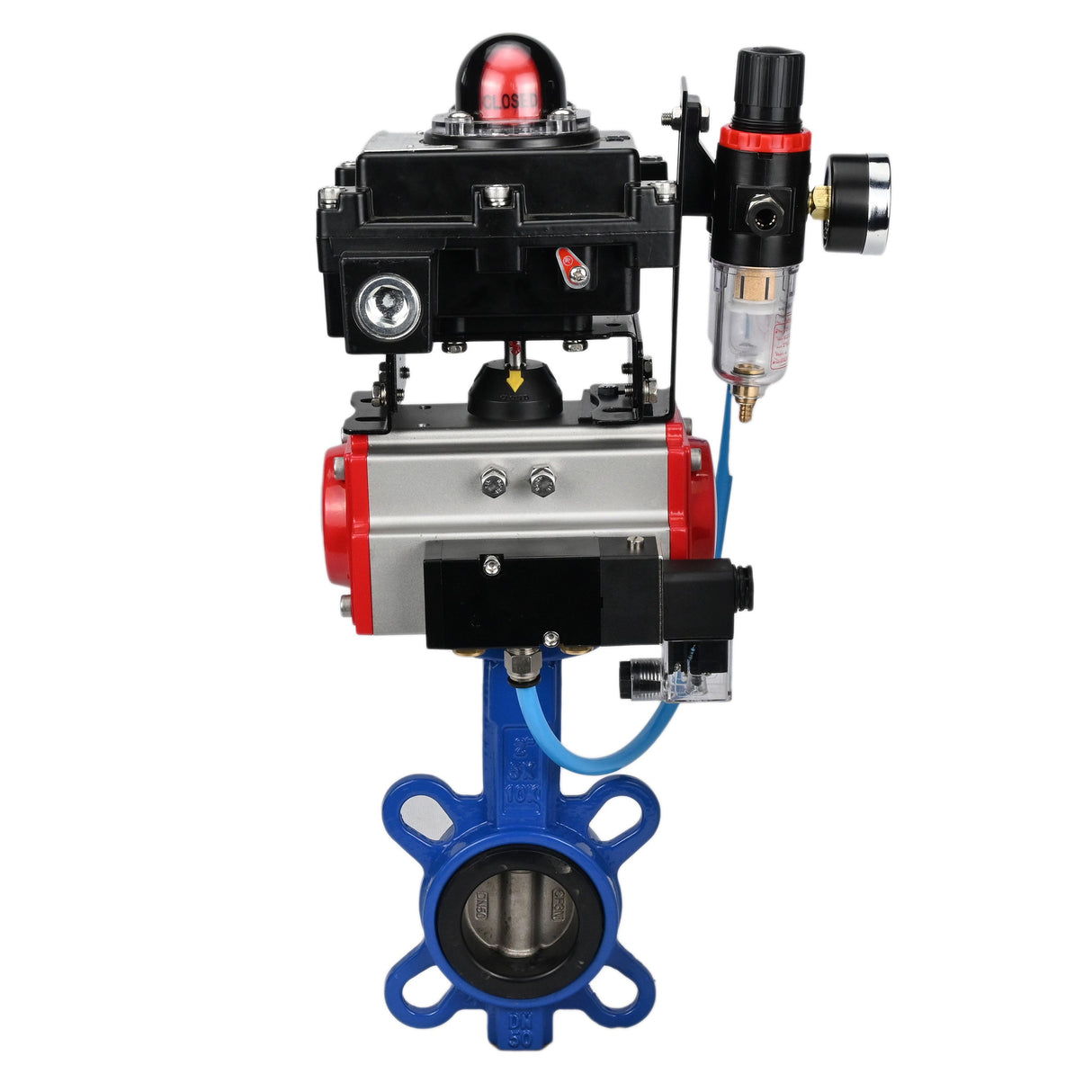 Water butterfly valve Elephant GGG50-GGG40-EPDM body material - cast iron GGG50, disk material - cast iron GGG40, seal - EPDM with pneumatic actuator Elephant SA, pneumatic distributor 4M310-08 220V, limit switch block APL-410N EX and air filter AFC2000