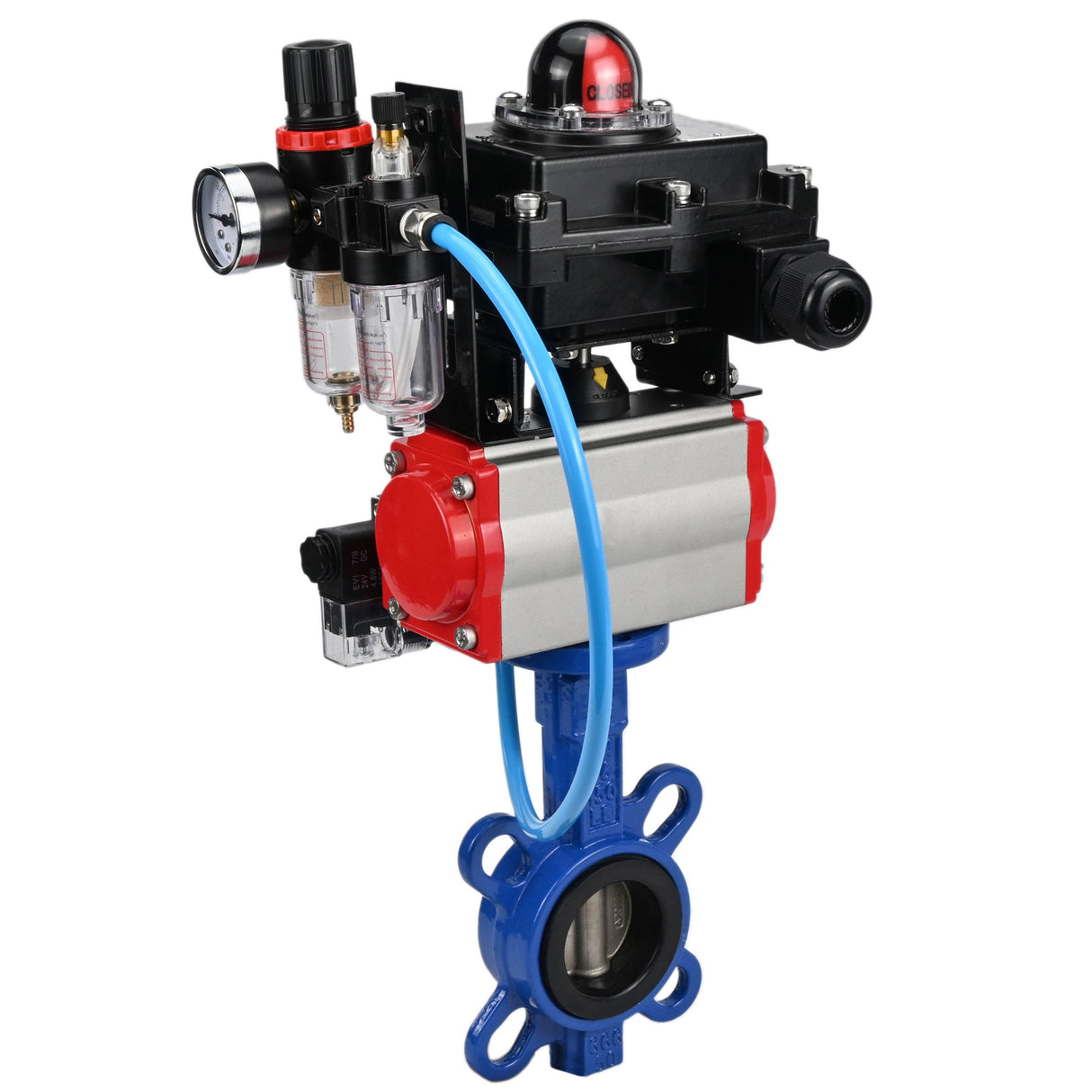 Water butterfly valve Elephant GGG50-GGG40-EPDM body material - cast iron GGG50, disk material - cast iron GGG40, seal - EPDM with pneumatic actuator Elephant SA, pneumatic distributor 4M310-08 24V, limit switch block APL-410N EX and air filter AFC2000