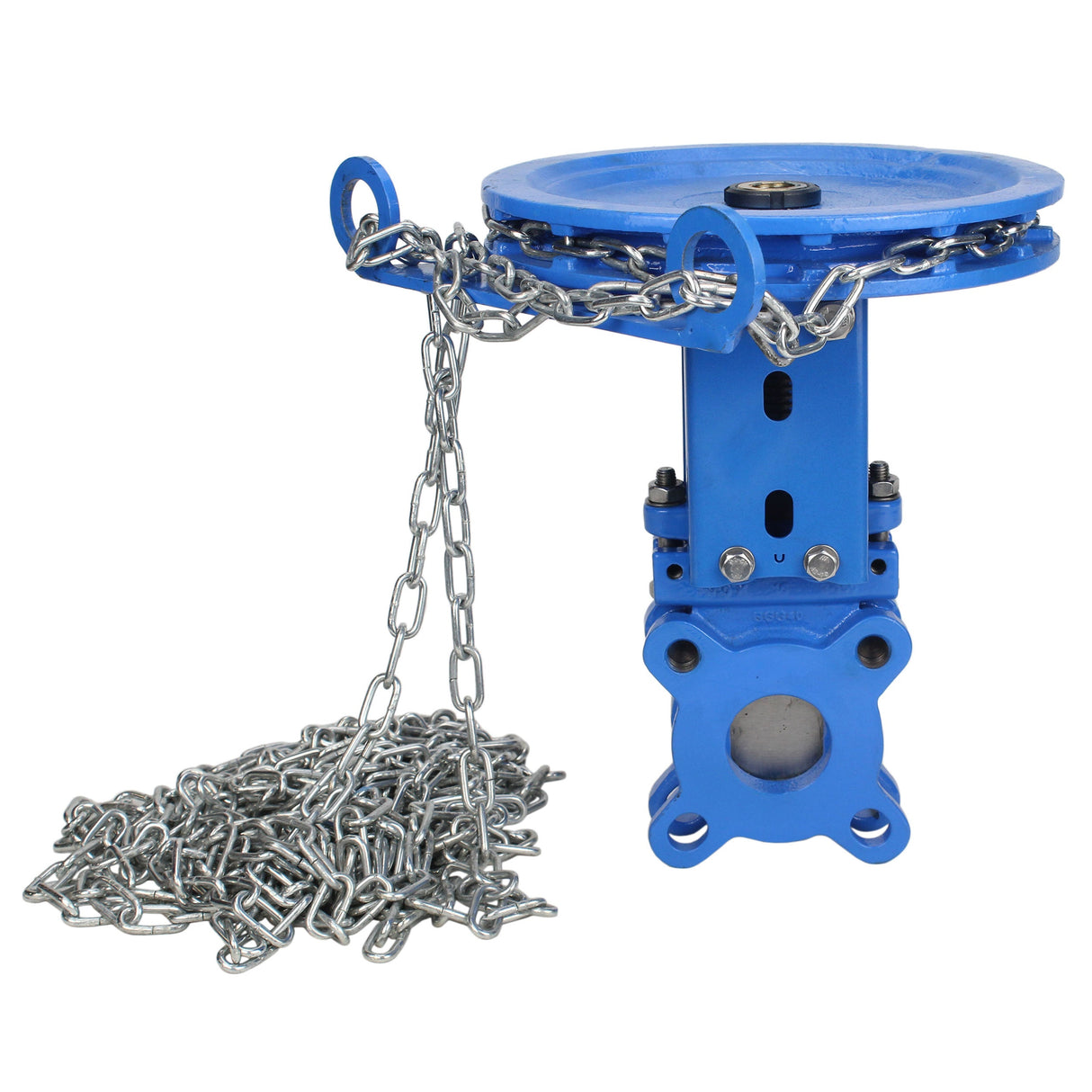 Vanne à guillotine Elephant GVKR1331N-2W-Fb-CC, matériau du corps - fonte GGG40, matériau du couteau - acier inoxydable AISI 304, joint - NBR, volant avec chaîne