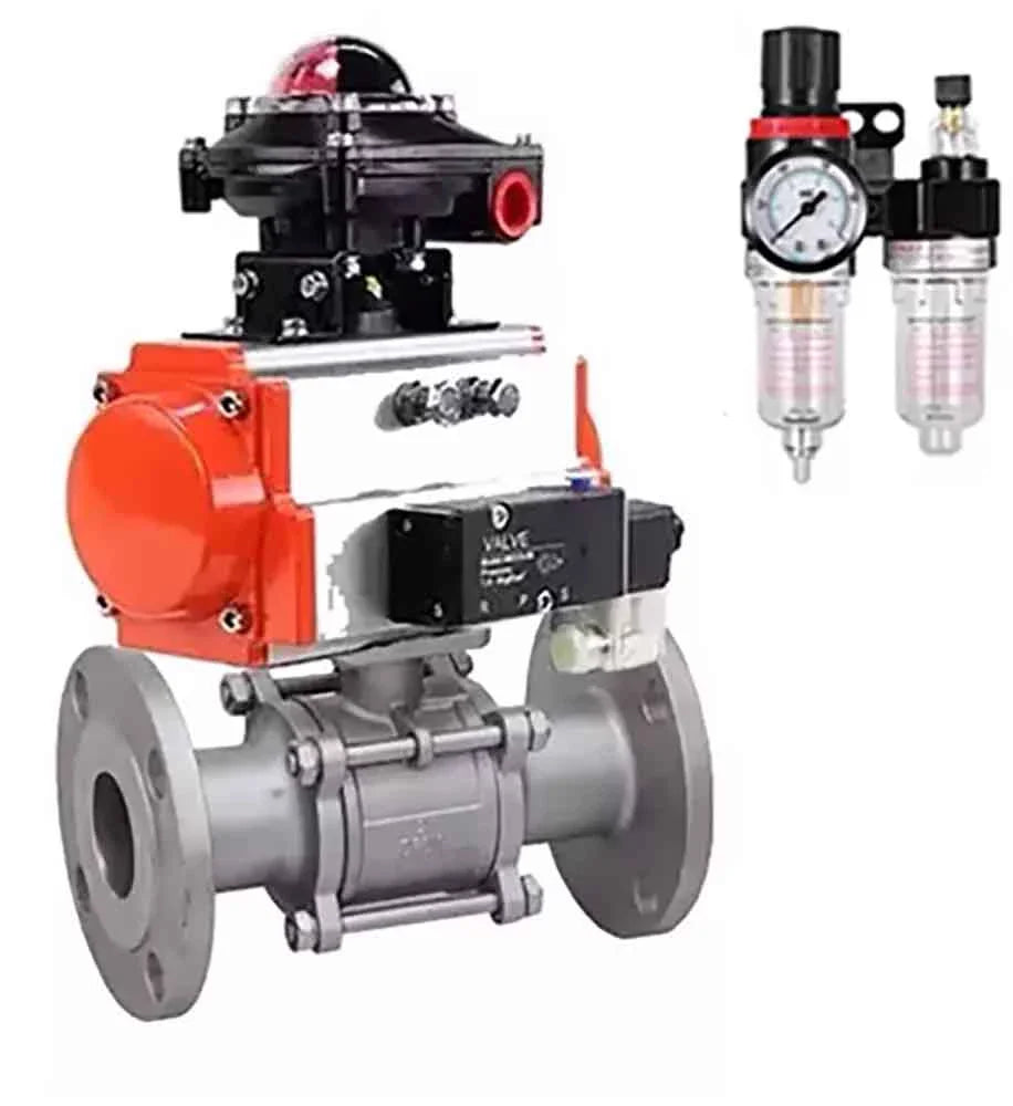 Ball valves Elephant BV3232P(3pc)-FP-F-ISO-H DN65-100 25/40 bar flanged with ISO flange, body - 316 stainless steel, full bore, seal - PTFE, with PA-SA pneumatic actuator, pneumatic distributor 4M310-08 220V, LSU APL-410N Ex, ATU AFC2000