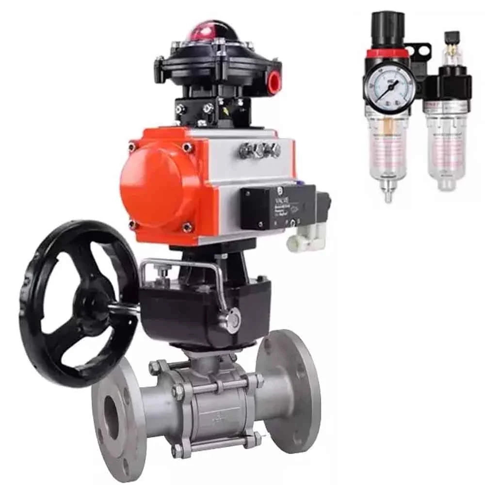Ball valves Elephant BV3232P(3pc)-FP-F-ISO-H DN65-100 25/40 bar flanged, 316 stainless steel, full bore, seal - PTFE, with pneumatic drive PA-DA pneumatic distributor 4M310-08 24V, LSU APL-210N, manual backup for MON, ATU AFC2000