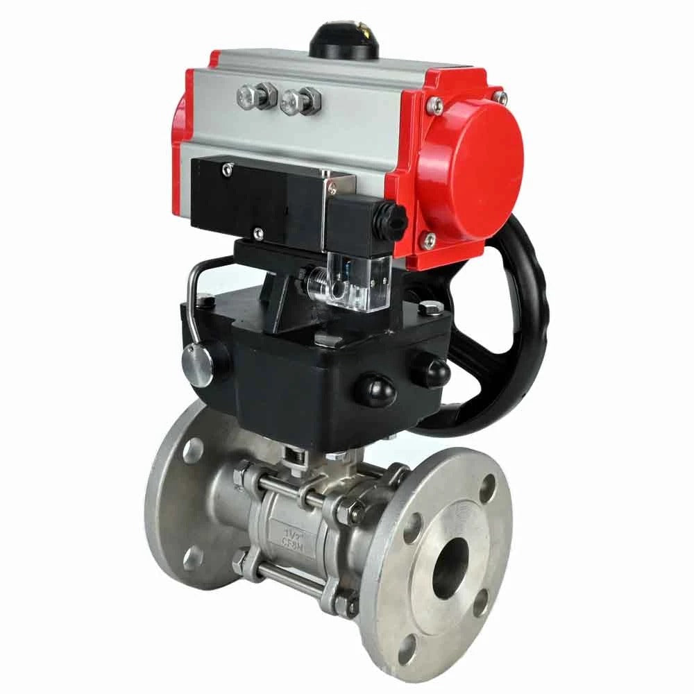 Ball valves Elephant BV3232P(3pc)-FP-F-ISO-H DN65-100 25/40 bar flanged with ISO flange, body - 316 stainless steel, full bore, seal - PTFE, with pneumatic drive PA-DA pneumatic distributor 4M310-08 220V, manual backup MON3-700-T38-ISO