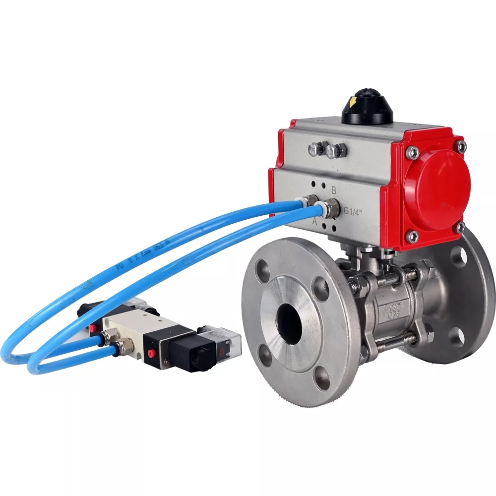 Ball valves Elephant BV3232P(3pc)-FP-F-ISO-H DN65-100 25/40 bar flanged with ISO flange, body - 316 stainless steel, full bore, seal - PTFE, with pneumatic drive PA-DA pneumatic distributor 4V320-08 220V