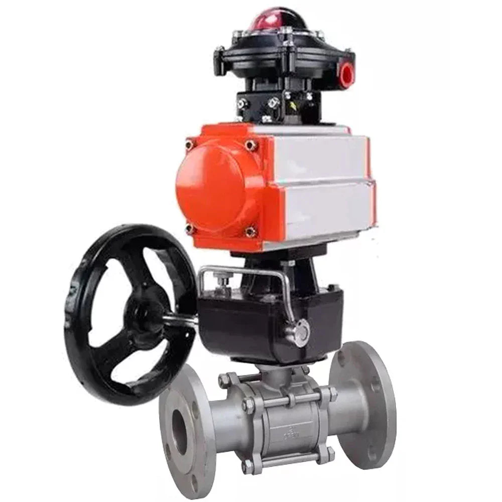 Ball valves Elephant BV3232P(3pc)-FP-F-ISO-H DN65-100 25/40 bar flanged with ISO flange, body - 316 stainless steel, full bore, seal - PTFE, with pneumatic drive PA-DA LSU APL-210N, manual backup MON3-700-T38-ISO