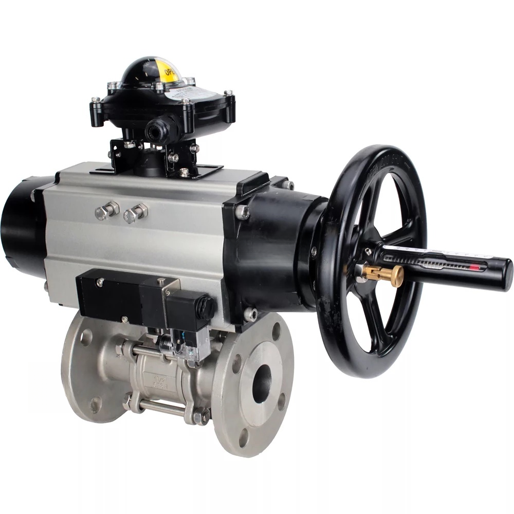 Ball valves Elephant BV3232P(3pc)-FP-F-ISO-H DN65-100 25/40 bar flanged with ISO flange, body - 316 stainless steel, full bore, seal - PTFE, with pneumatic drive PA-DA-105-1, pneumatic distributor 4M310-08 220V, LSU APL-210N