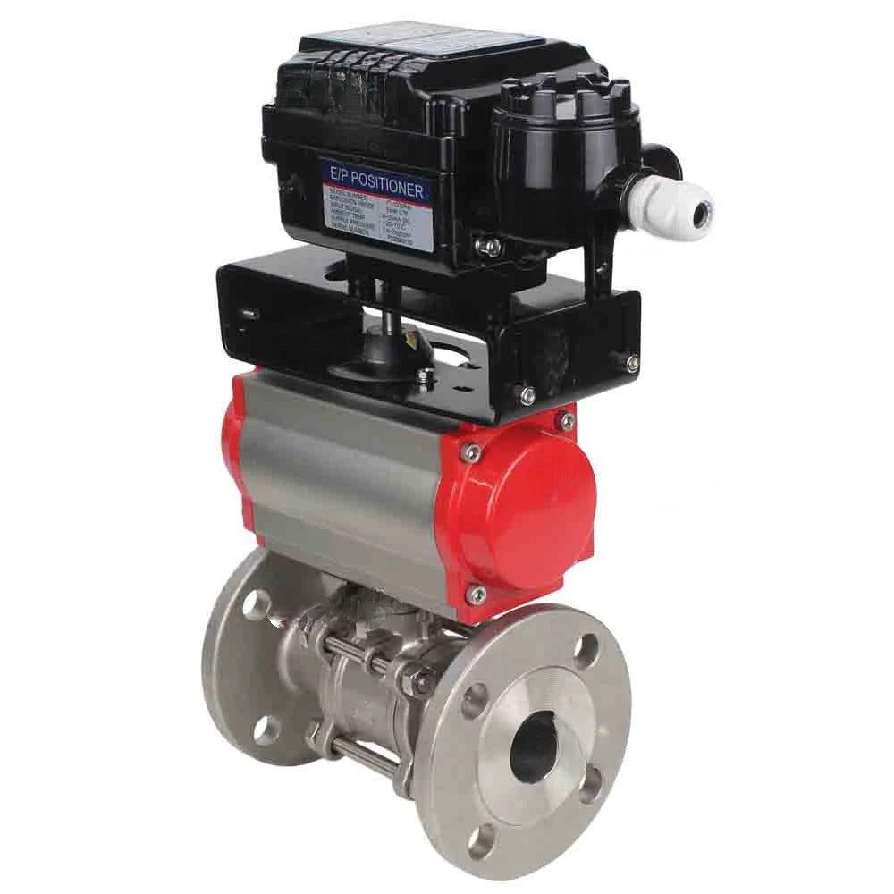 Ball valves Elephant BV3232P(3pc)-FP-F-ISO-H DN65-100 25/40 bar flanged with ISO flange, body - 316 stainless steel, full bore, seal - PTFE, with pneumatic drive PA-DA and YT-1000RSN electro-pneumatic positioner without feedback