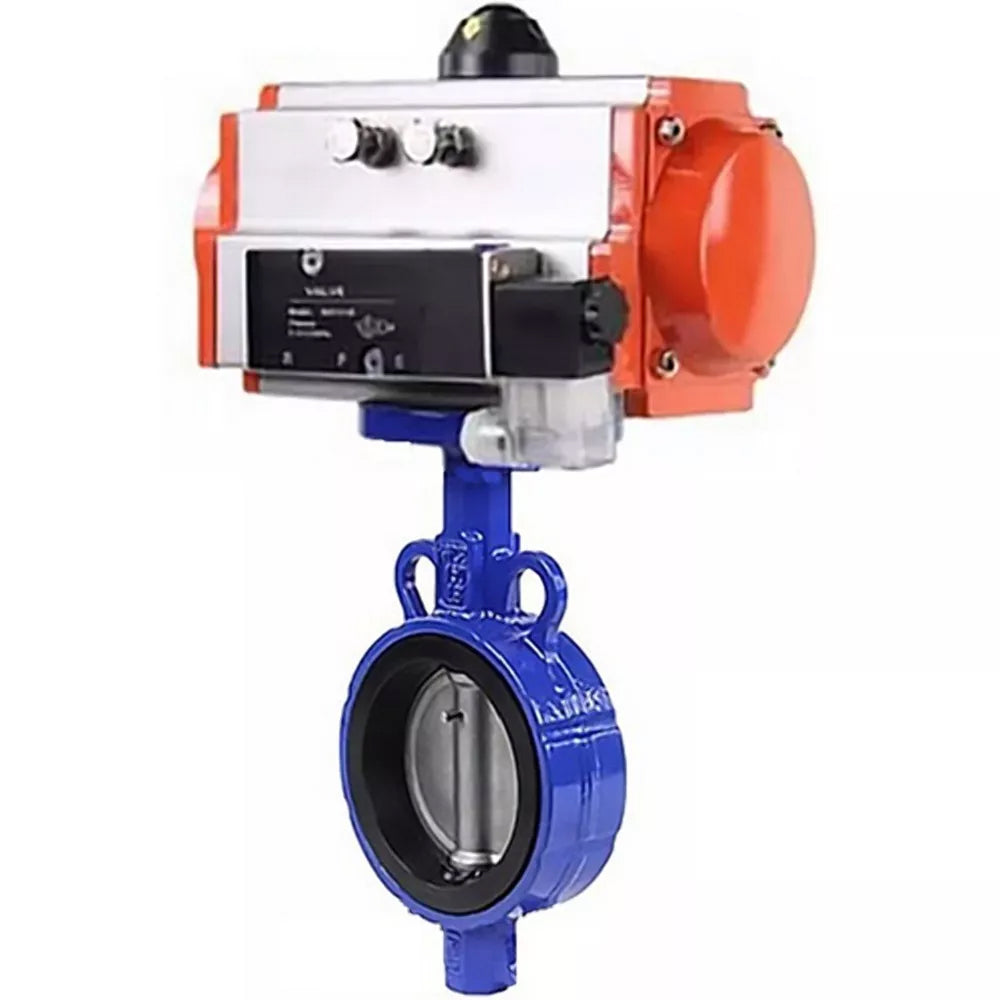 Vanne papillon d'eau Elephant WBV1132N-2W-Fb-H, matériau du corps - fonte grise GG25, matériau du disque - acier inoxydable AISI 316L, joint - NBR, avec actionneur pneumatique double effet PA-DA, 4V320-08 220V
