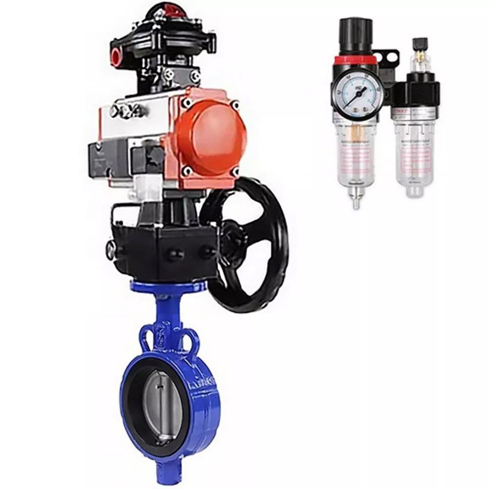 Water Butterfly Valve Elephant WBV0232E-2W-Fb-H, body material - aluminum alloy, disk material - stainless steel AISI 316L, seal - EPDM, with pneumatic actuator double action PA-DA-065, 4M310-08 24V, handwheel MON, LSU APL-510N-EX, ATU AFC2000
