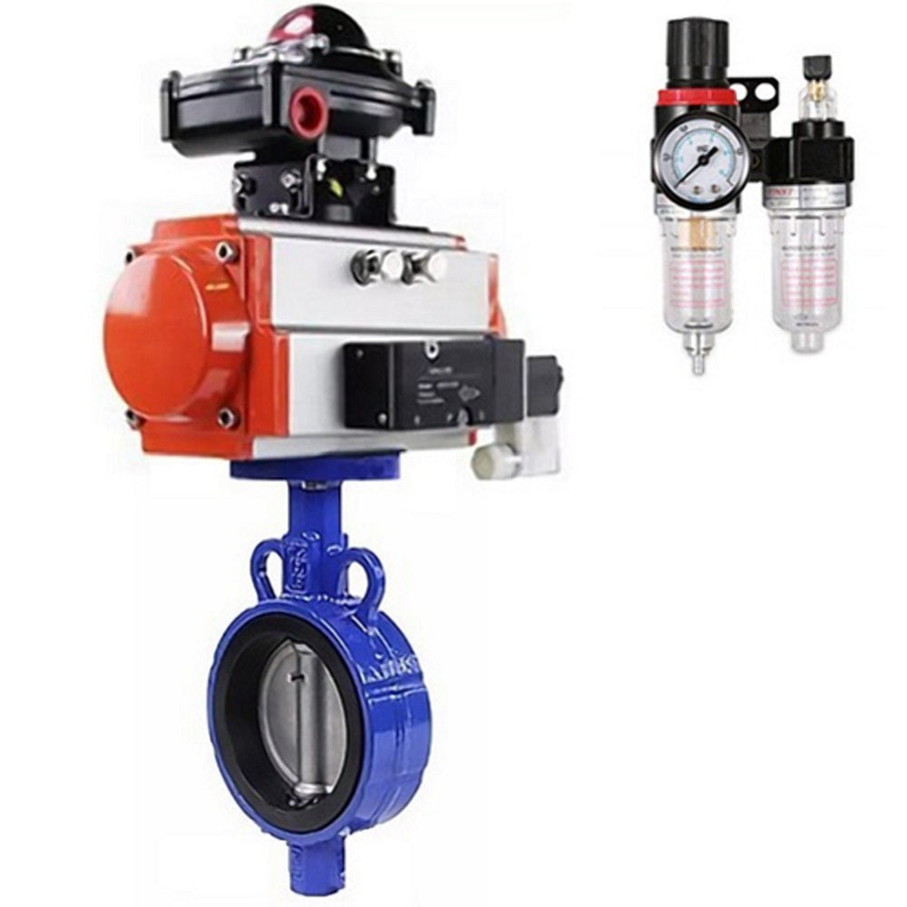 Water butterfly valve Elephant AL-316L-EPDM body material - Aluminium alloy, disk material - stainless steel 316L, seal - EPDM with pneumatic actuator SA, pneumatic distributor 4M310-08 220V, limit switch block APL-410N EX and air filter regulator AFC2000