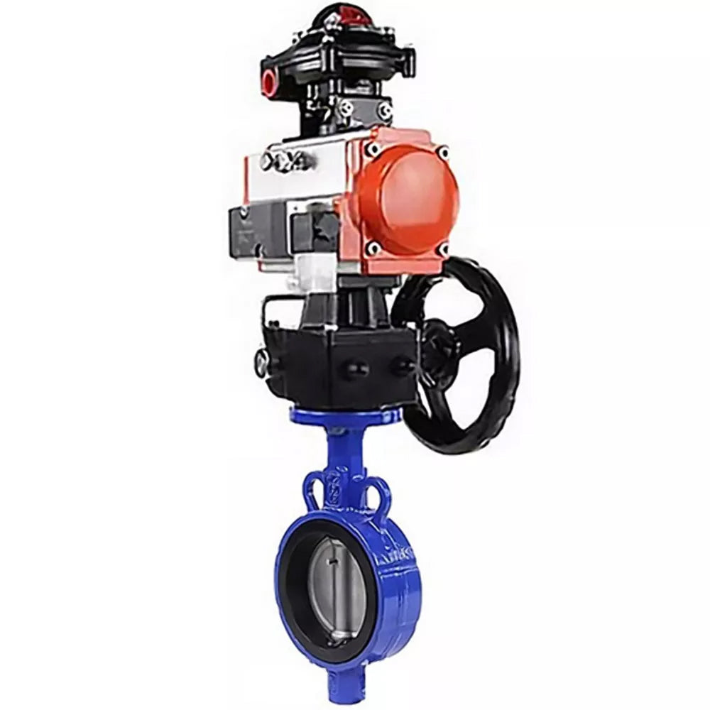 Vanne papillon d'eau Elephant WBV1132N-2W-Fb-H, matériau du corps - fonte grise GG25, matériau du disque - acier inoxydable AISI 316L, joint - NBR, avec actionneur pneumatique double effet PA-DA, 4M310-08 24V, volant MON, BKV APL-510N-EX