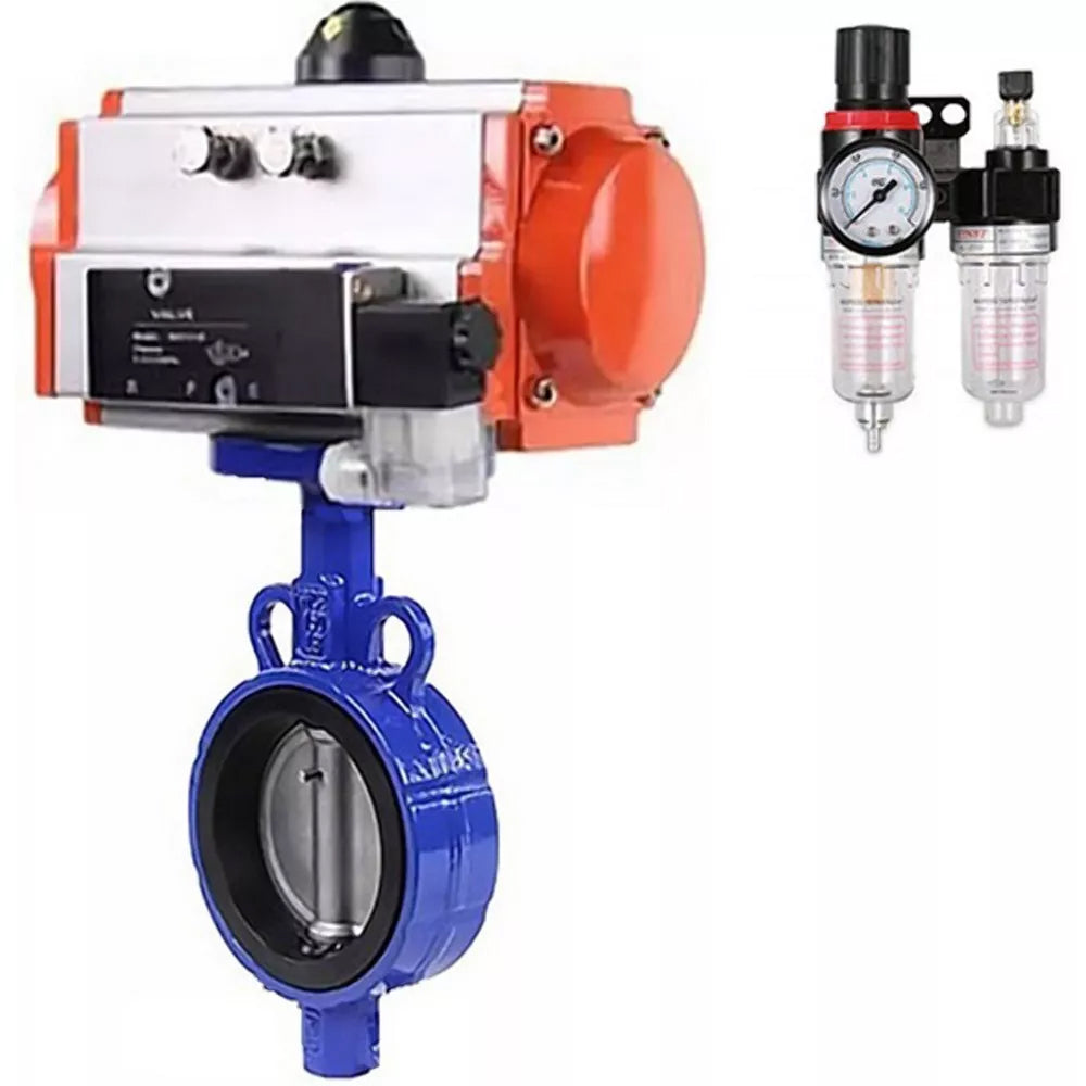 Vanne papillon d'eau Elephant WBV1132N-2W-Fb-H, matériau du corps - fonte grise GG25, matériau du disque - acier inoxydable AISI 316L, joint - NBR, avec actionneur pneumatique double effet PA-DA, 4V320-08 220V, BPV AFC2000