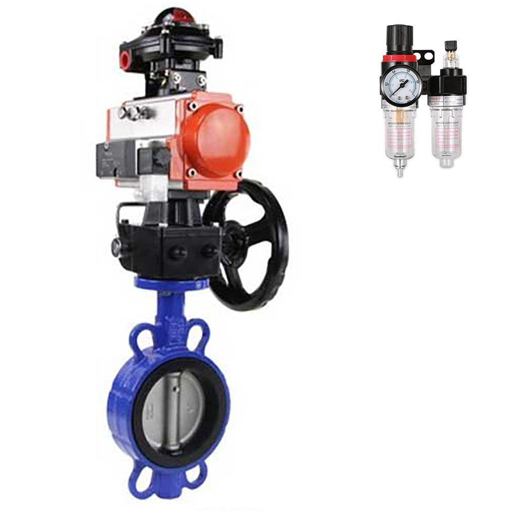 Water butterfly valve Elephant GGG50-316L-EPDM body material - cast iron GGG50, disk material - stainless steel 316L, seal - EPDM with double-acting pneumatic actuator Elephant DA, pneumatic distributor 4M310-08 NAMUR  24V, manual doubler HDM, air filter