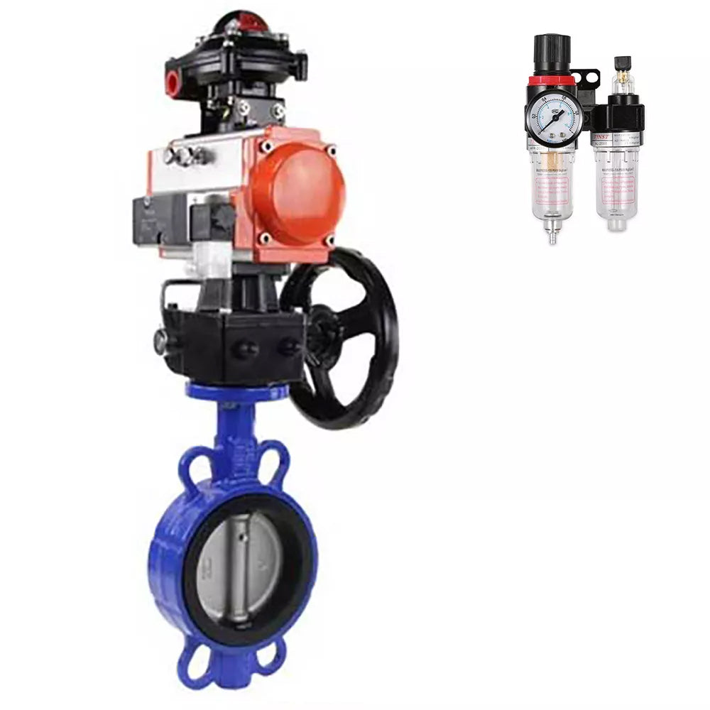 Vanne papillon d'eau Elephant WBV3432V-2W-Fb-H, matériau du corps - acier au carbone, matériau du disque - acier inoxydable AISI 316L, joint - Viton, avec actionneur pneumatique double effet PA-DA, 4M310-08 24V, volant MON, BKV APL-510N-EX, BPV AFC2000