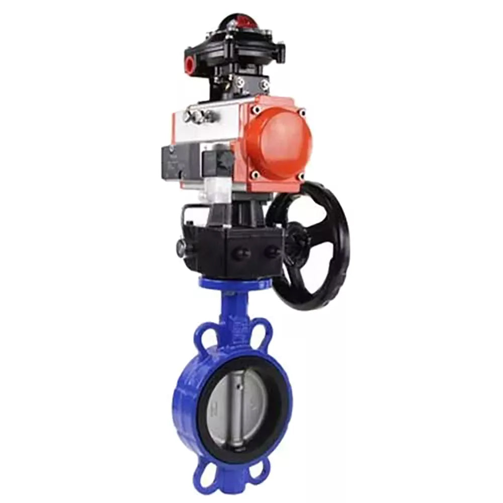 Vanne papillon d'eau Elephant WBV3432P-2W-Fb-H, matériau du corps - acier au carbone, matériau du disque - acier inoxydable AISI 316L, joint - PTFE, avec actionneur pneumatique double effet PA-DA, 4M310-08 24V, volant MON, BKV APL-510N-EX