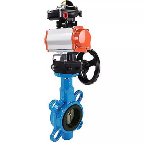 Válvula Mariposa de Agua Elefante WBV1332N-2W-Fb-H material cuerpo - Fundición GGG50, material disco - Acero inoxidable 316L, sello - NBR con actuador neumático DA, bloque de finales de carrera APL-410N EX y duplicador manual HDM