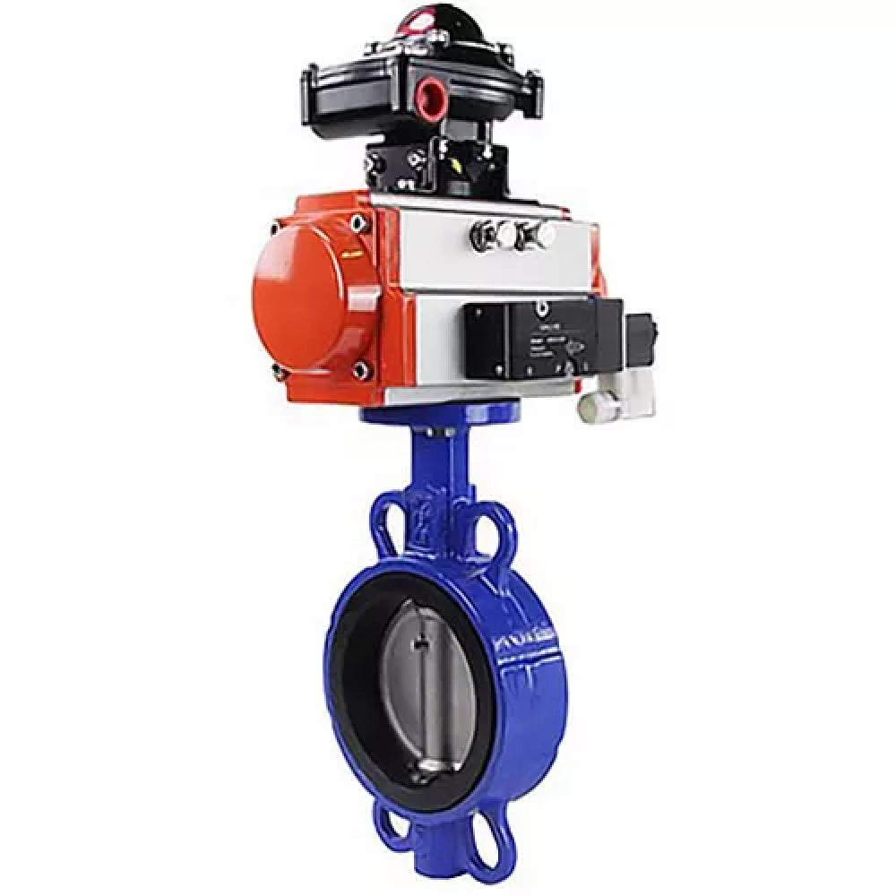 Vanne papillon d'eau Elephant WBV3432N-2W-Fb-H, matériau du corps - acier au carbone, matériau du disque - acier inoxydable AISI 316L, joint - NBR, avec actionneur pneumatique double action PA-DA, 4V320-10 220V, BKV APL-210N
