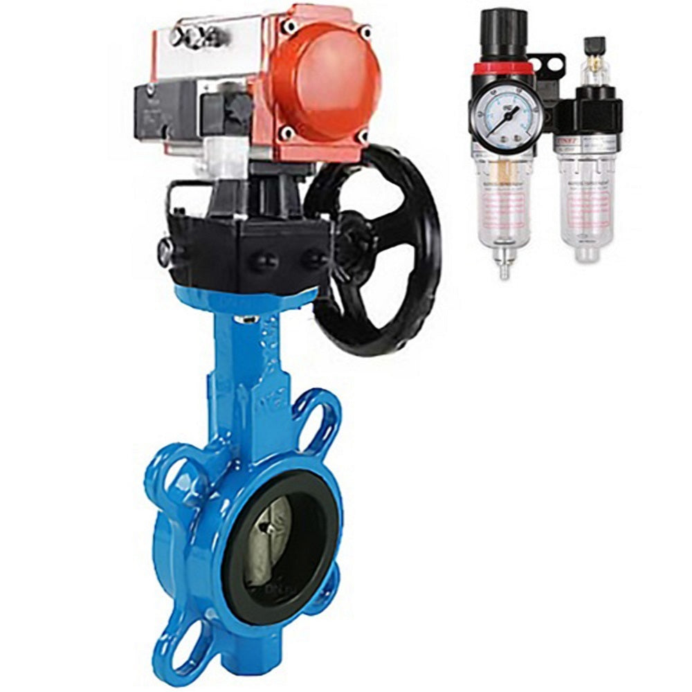 Water Butterfly Valve Elephant WBV1332N-2W-Fb-H body material - Cast iron GGG50, disk material - Stainless steel 316L, seal - NBR with pneumatic actuator DA, pneumatic distributor 4M310-08 24V, manual duplicator HDM and air filter regulator AFC2000