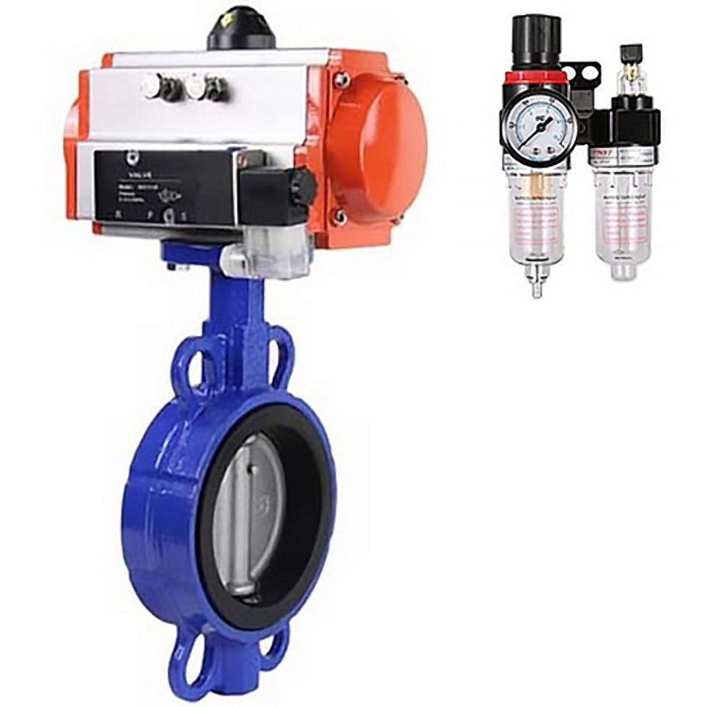 Válvula Mariposa de Agua Elefante WBV1332N-2W-Fb-H material cuerpo - Fundición GGG50, material disco - Acero inoxidable 316L, sello - NBR con actuador neumático de doble efecto DA, distribuidor neumático 4M310-08 24V y regulador filtro aire AFC2000