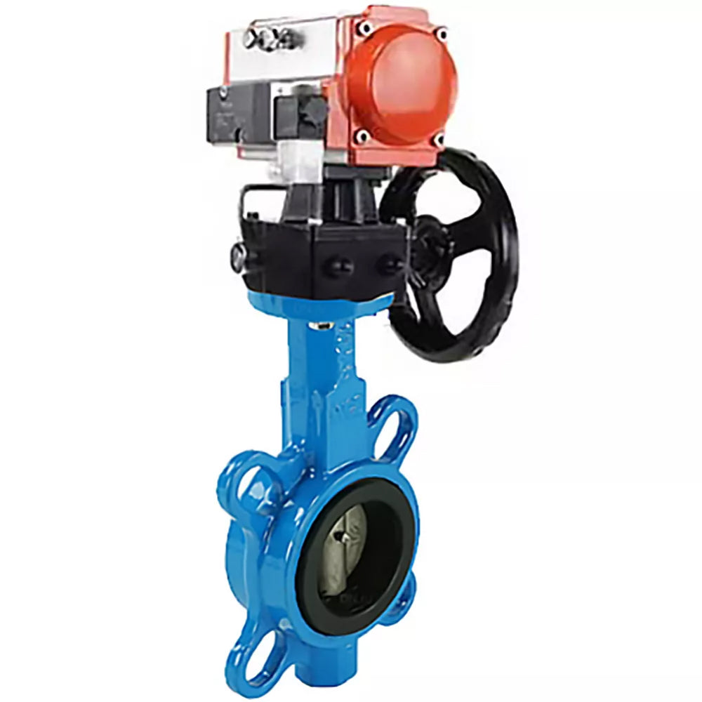 Vanne papillon d'eau Elephant WBV1132N-2W-Fb-H, matériau du corps - fonte grise GG25, matériau du disque - acier inoxydable AISI 316L, joint - NBR, avec actionneur pneumatique double effet PA-DA, 4V320-08 220V, volant MON