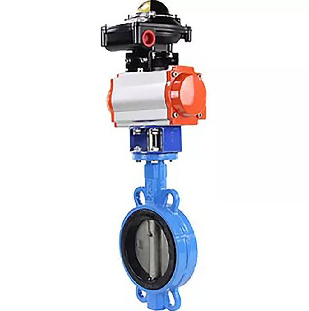 Válvula Mariposa de Agua Elefante WBV1432E-2W-Fb, material del cuerpo - Fundición GGG50, material del disco - Acero inoxidable aisi 316l, sello - EPDM con actuador neumático de doble efecto DA y bloque de interruptores de final de carrera APL-510N-EX