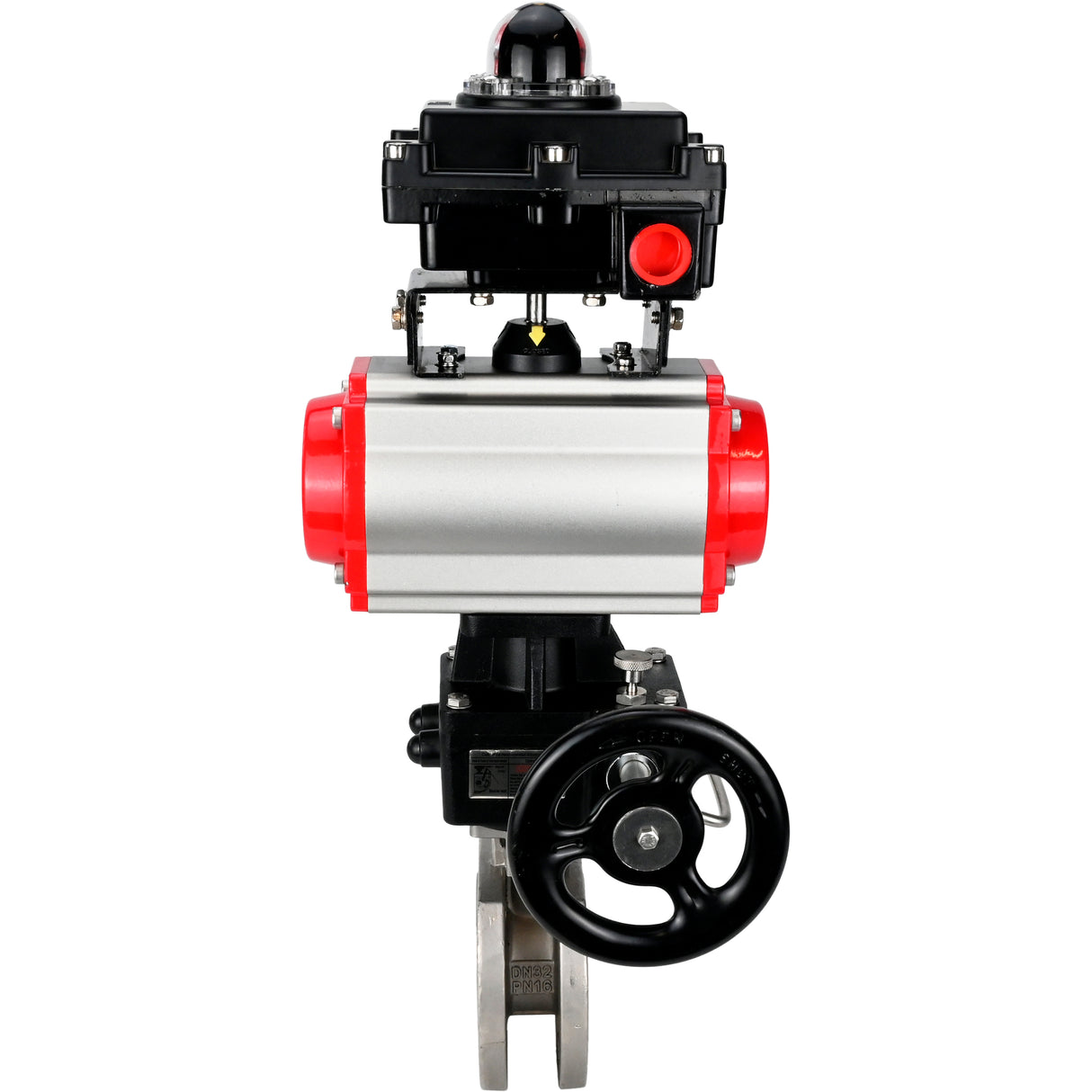 Válvula de bola de acero inoxidable Elephant BVсFP.316.200 PSI232, paso completo, brida compacta, actuador neumático Elephant DA de doble efecto, control manual HDM, distribuidor neumático 4M310-08 220 V, bloque de interruptores de límite APL-410N EX