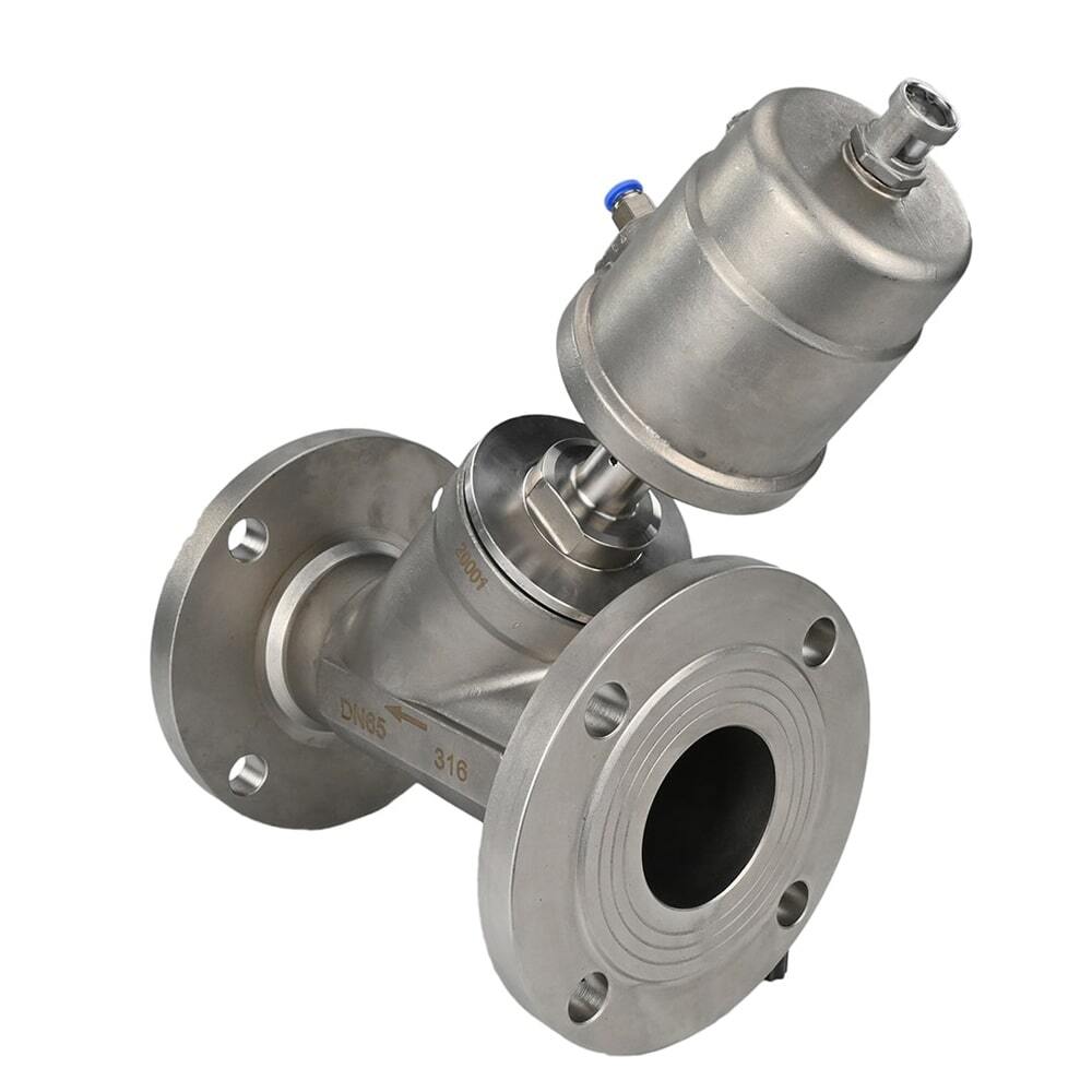 Válvula neumática Elephant VS3232PV-F-1PNC PSI232, material del cuerpo - acero inoxidable AISI 316, bridada, en forma de Y