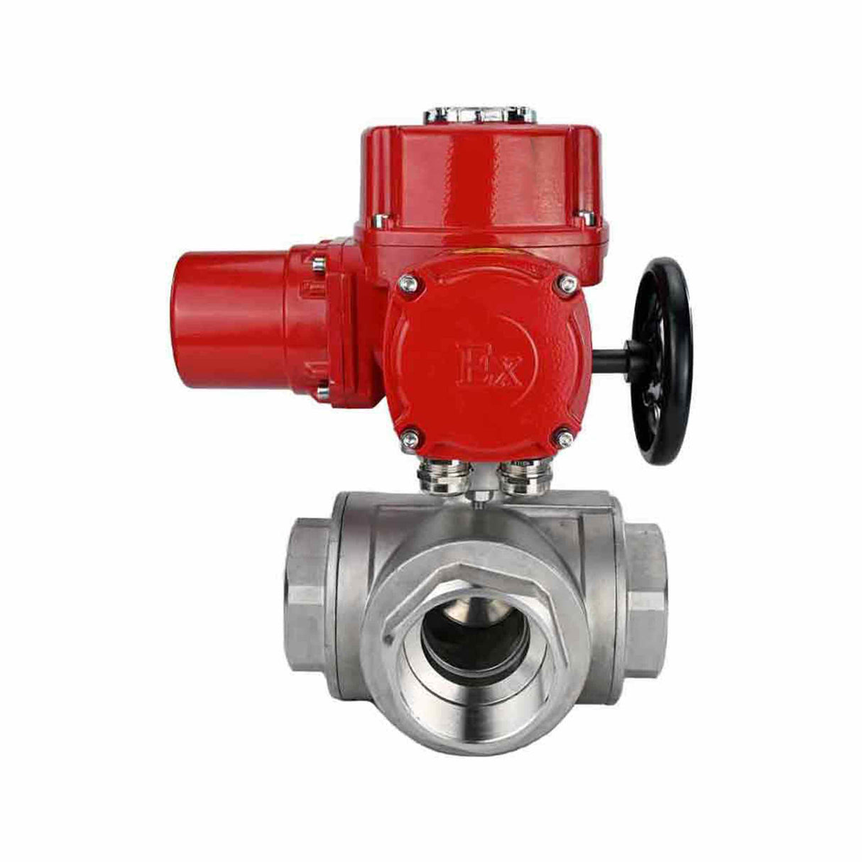 Válvula de bola de acero inoxidable Elephant RP.SS316.200.MM.ISO 914 PSI roscada, puerto estándar, tres vías, tipo L, material del cuerpo - acero inoxidable AISI 316, con actuador eléctrico de cuarto de vuelta Elephant QT-W (M) EX 220V
