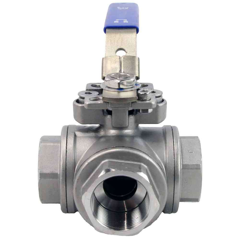 Válvula de bola de 3 vías de acero inoxidable con puerto estándar tipo L roscado NPT/BSP Elephant RP.SS316.200.MM 986 psi con almohadilla de montaje y manija ISO 5211