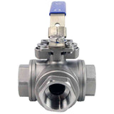 Válvula de bola de 3 vías de acero inoxidable con puerto estándar tipo L roscado NPT/BSP Elephant RP.SS316.200.MM 986 psi con almohadilla de montaje y manija ISO 5211