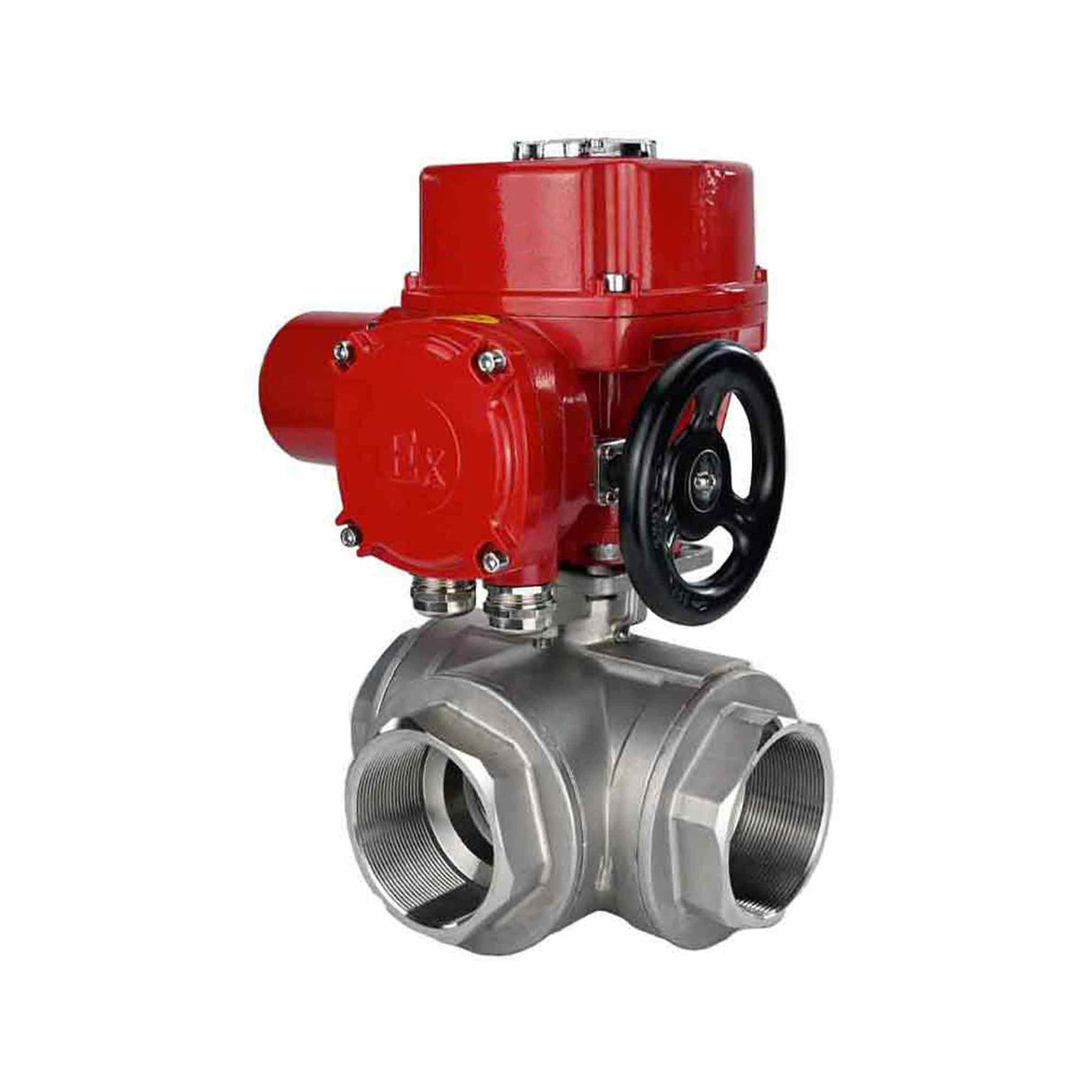 Válvula de bola de acero inoxidable Elephant RP.SS316.200.MM.ISO 914 PSI roscada, puerto estándar, tres vías, tipo L, material del cuerpo - acero inoxidable AISI 316, con actuador eléctrico de cuarto de vuelta Elephant QT-W (M) EX 220V