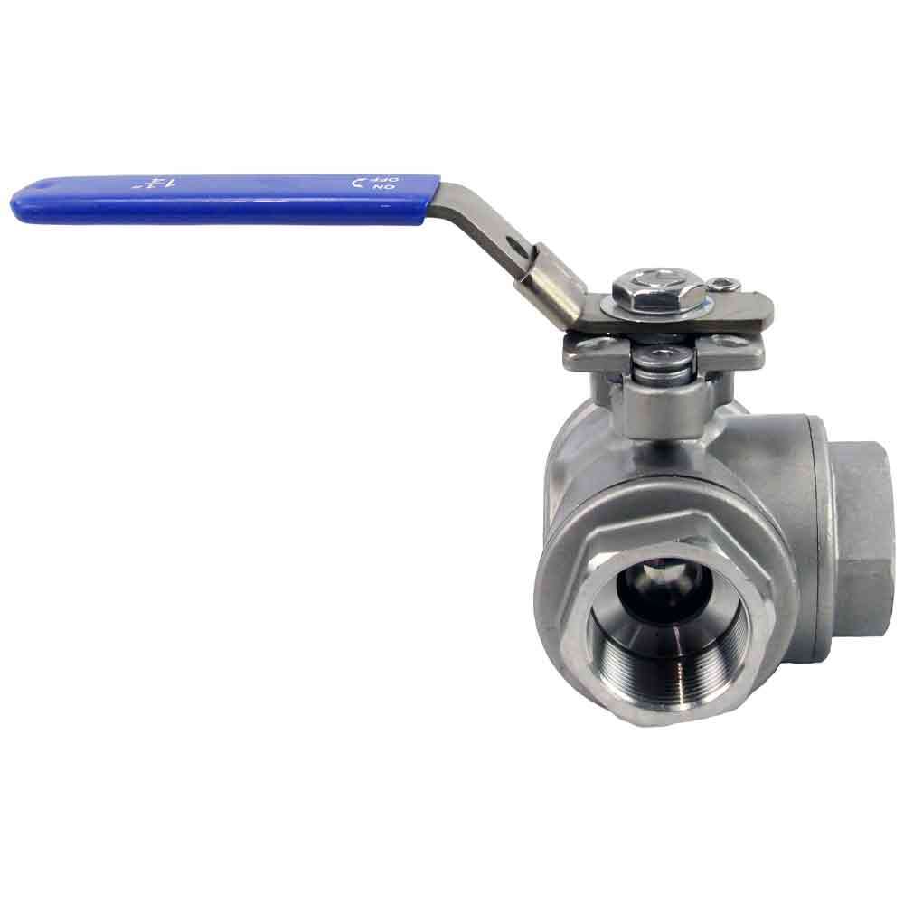Válvula de bola de 3 vías de acero inoxidable con puerto estándar tipo L roscado NPT/BSP Elephant RP.SS316.200.MM 986 psi con almohadilla de montaje y manija ISO 5211