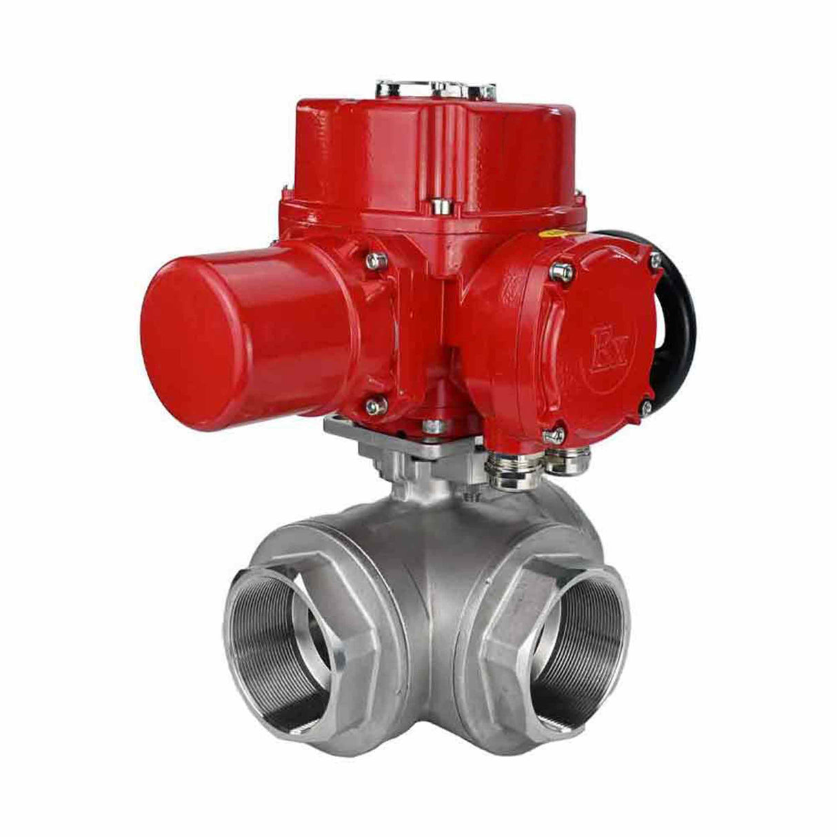 Válvula de bola de acero inoxidable Elephant RP.SS316.200.MM.ISO 914 PSI roscada, puerto estándar, tres vías, tipo L, material del cuerpo - acero inoxidable AISI 316, con actuador eléctrico de cuarto de vuelta Elephant QT-W (M) EX 220V