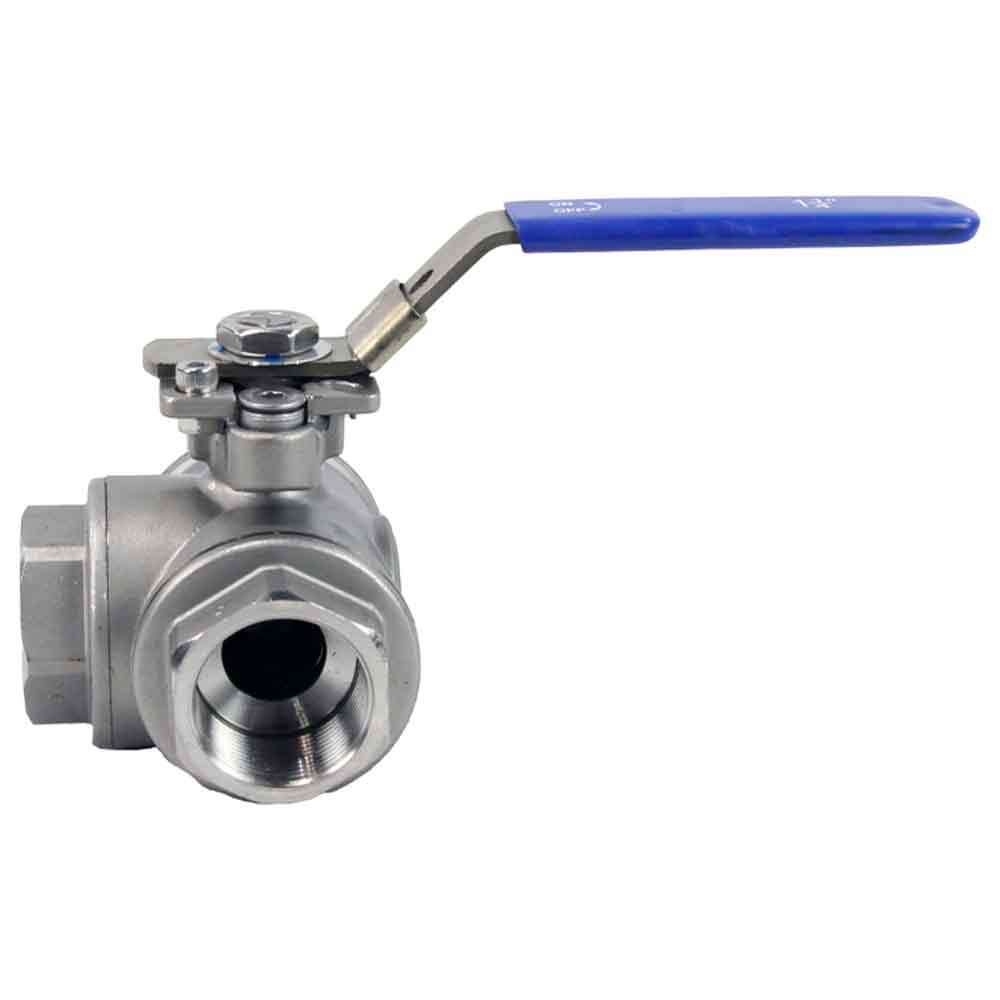 Válvula de bola de 3 vías de acero inoxidable con puerto estándar tipo L roscado NPT/BSP Elephant RP.SS316.200.MM 986 psi con almohadilla de montaje y manija ISO 5211