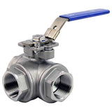 Válvula de bola de 3 vías de acero inoxidable con puerto estándar tipo L roscado NPT/BSP Elephant RP.SS316.200.MM 986 psi con almohadilla de montaje y manija ISO 5211