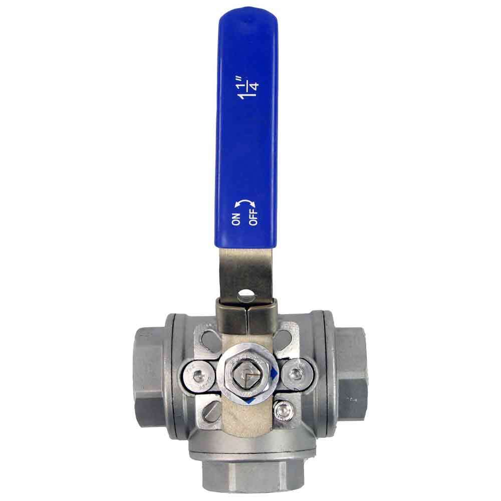 Válvula de bola de 3 vías de acero inoxidable con puerto estándar tipo L roscado NPT/BSP Elephant RP.SS316.200.MM 986 psi con almohadilla de montaje y manija ISO 5211